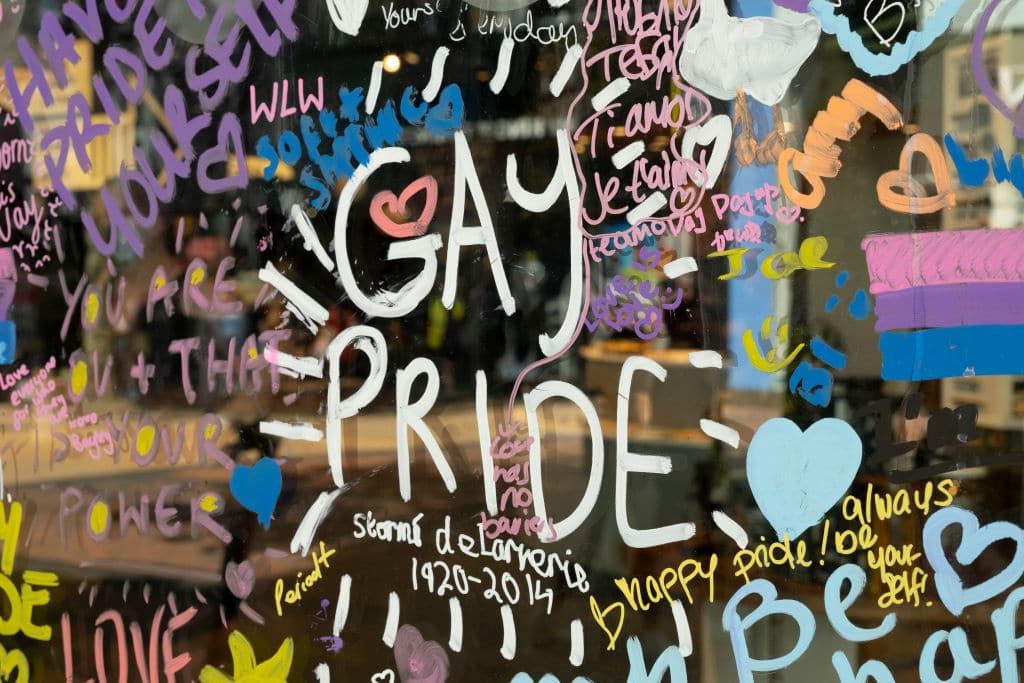 Shop window graffiti in support of the local gay and lesbian pride events on 14th June 2021 in Birmingham, United Kingdom. 