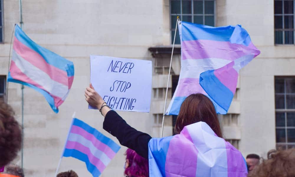A protester wrapped in a trans Pride flag holds a 'Never Stop Fighting' placard during the trans rights demonstration