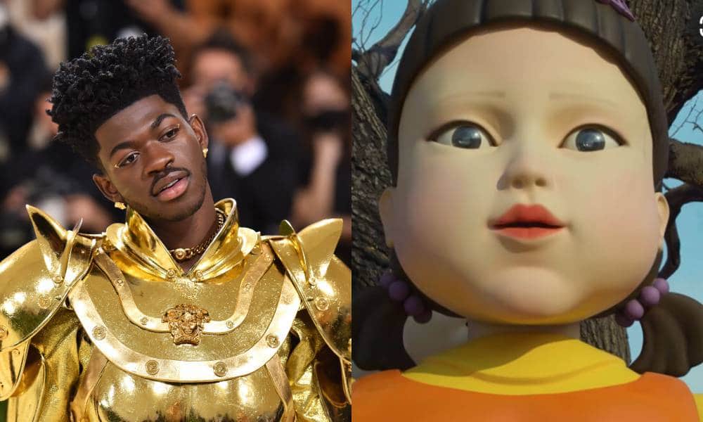A side by side image of Lil Nas X in his golden outfit from the 2021 Met Gala alongside a still from Netflix's Squid Games that depicts the 'Red light, green light' robot