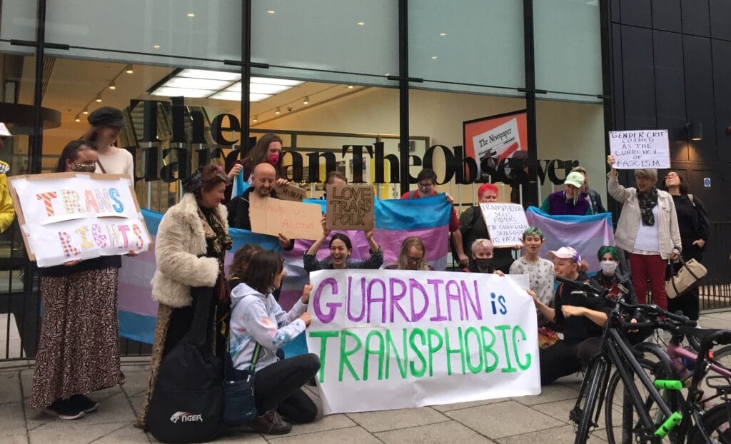 Protestors demand the Guardian newspaper 'stop platforming transphobia'.