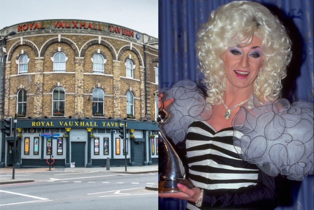 The Royal Vauxhall Tavern on the left and Lily Savage accepting an award on the right