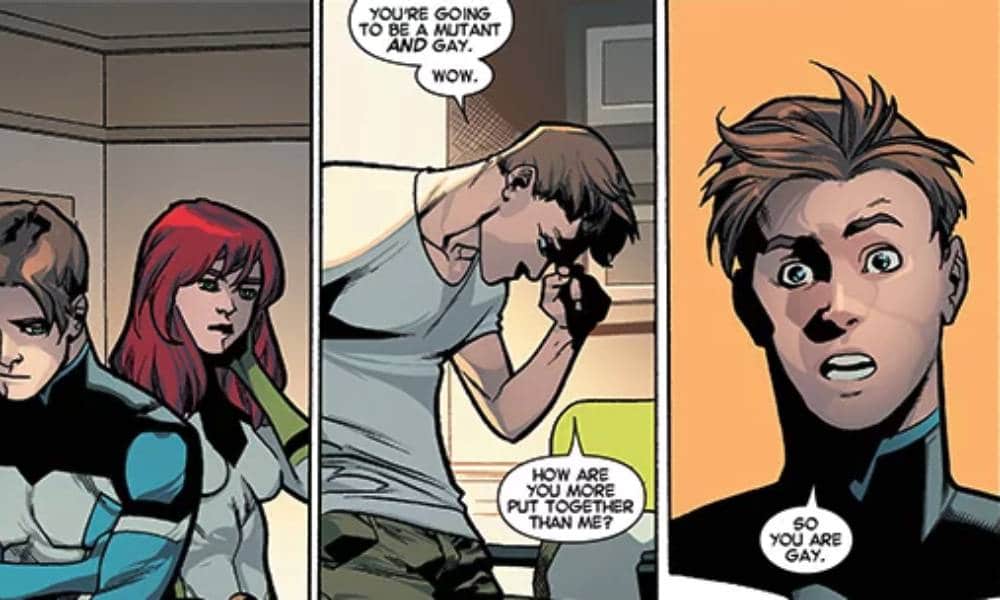 A comic book panel from Marvel's Uncanny X-Men #600 in which Bobby Drake, aka Iceman, confronts his older self over his sexual orientation