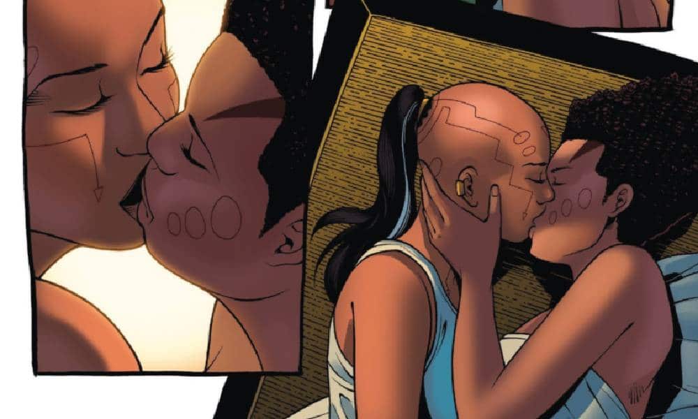 Panels taken from Marvel Comics' Black Panther: World of Wakanda that show Ayo and Aneka kissing
