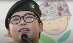 A picture of South Korea's first openly trans soldier Byun Hee-soo at a press conference