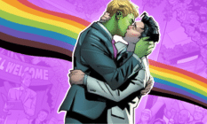Wiccan and Hulking kissing infront of a rainbow Pride flag