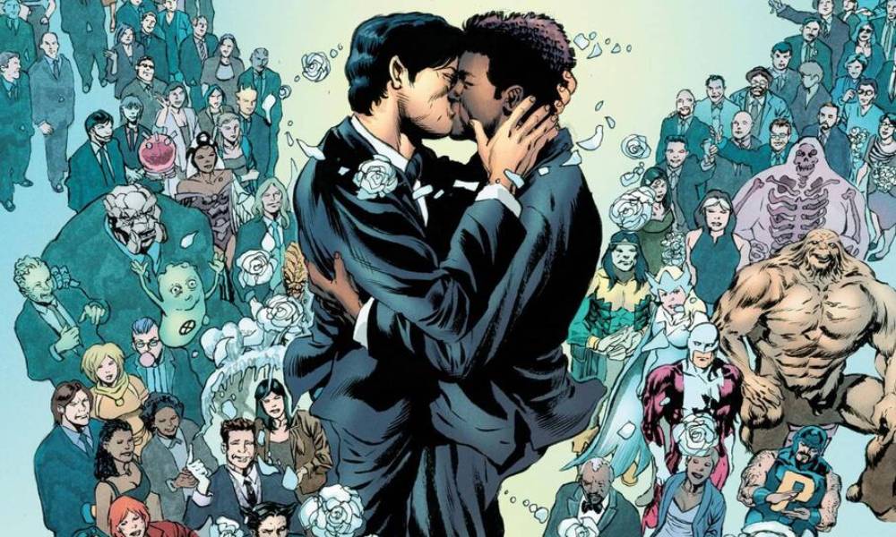 A panel where superhero Northstar kisses his husband Kyle Jinadu in Marvel's Astonishing X-Men #51