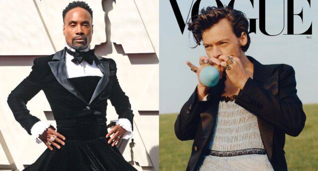 On the left: Billy Porter wearing a black dress. On the right: Harry styles wearing a dress on the cover of Vogue