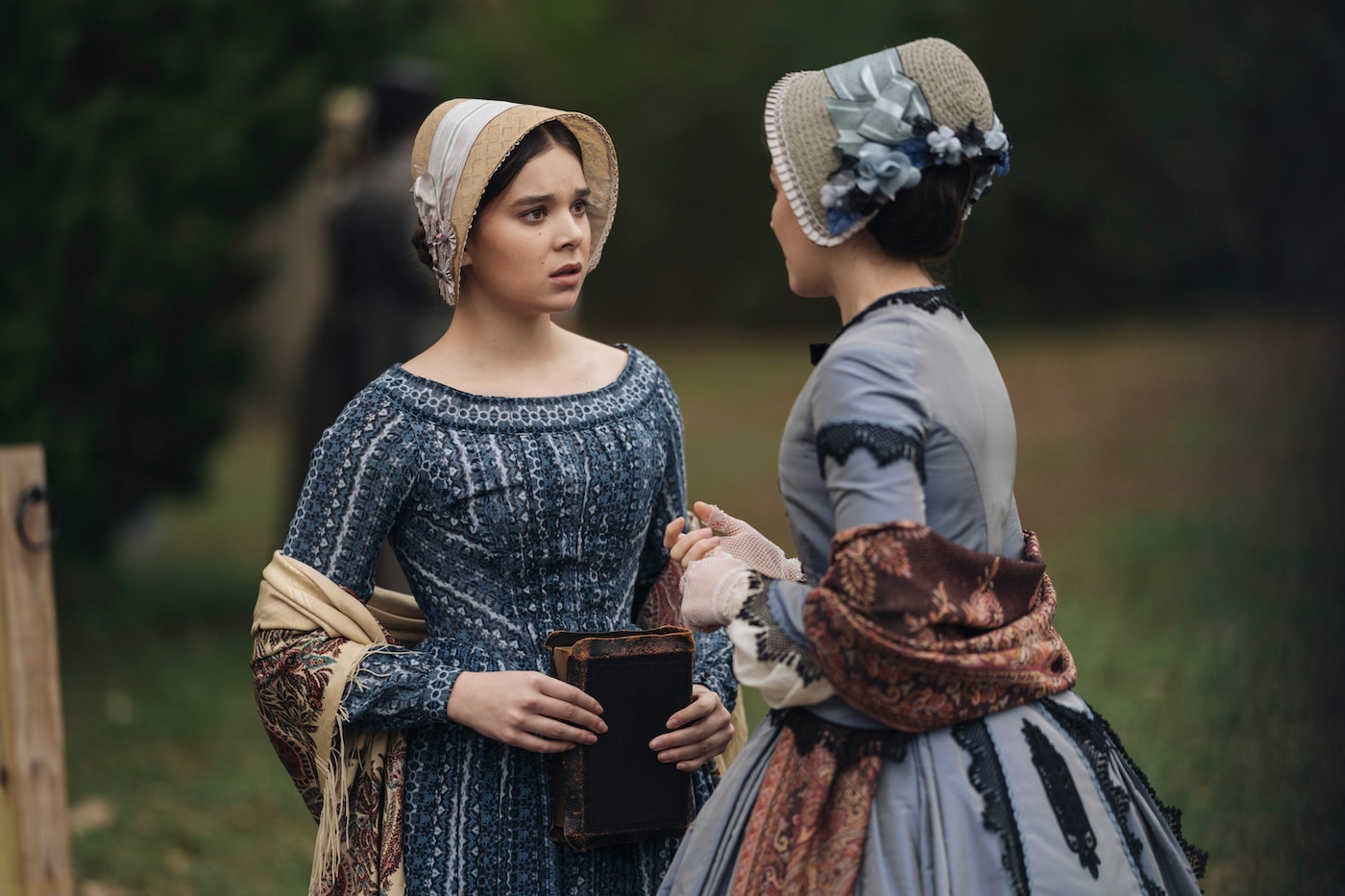 Hailee Steinfeld as Emily Dickinson and Ella Hunt as Sue in Dickinson.