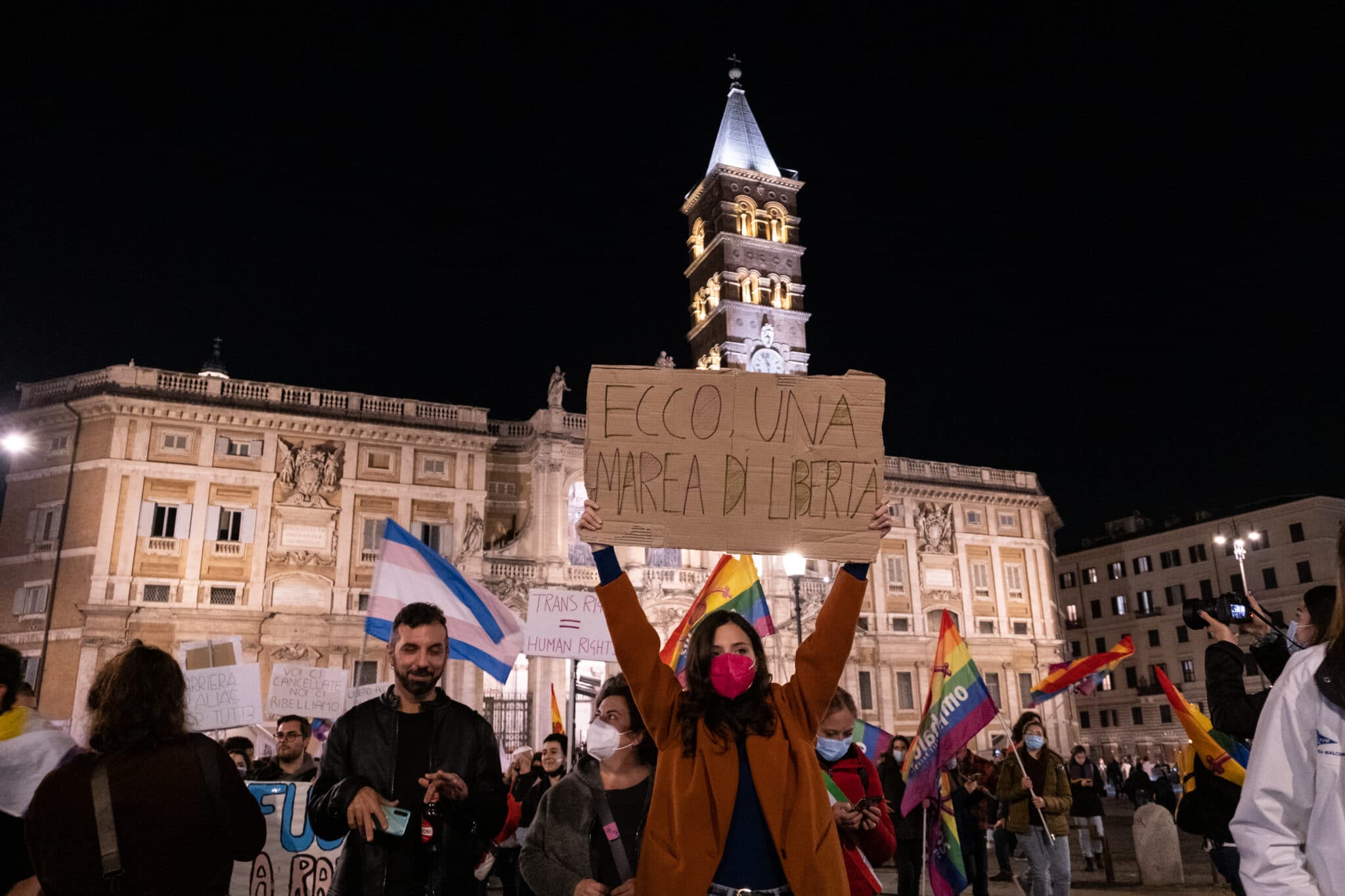 People take part in a demonstration for Trans Day of Remembrance in Rome, Italy