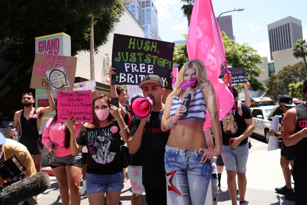 Junior Olivas and other Free Britney activists marching in Los Angeles