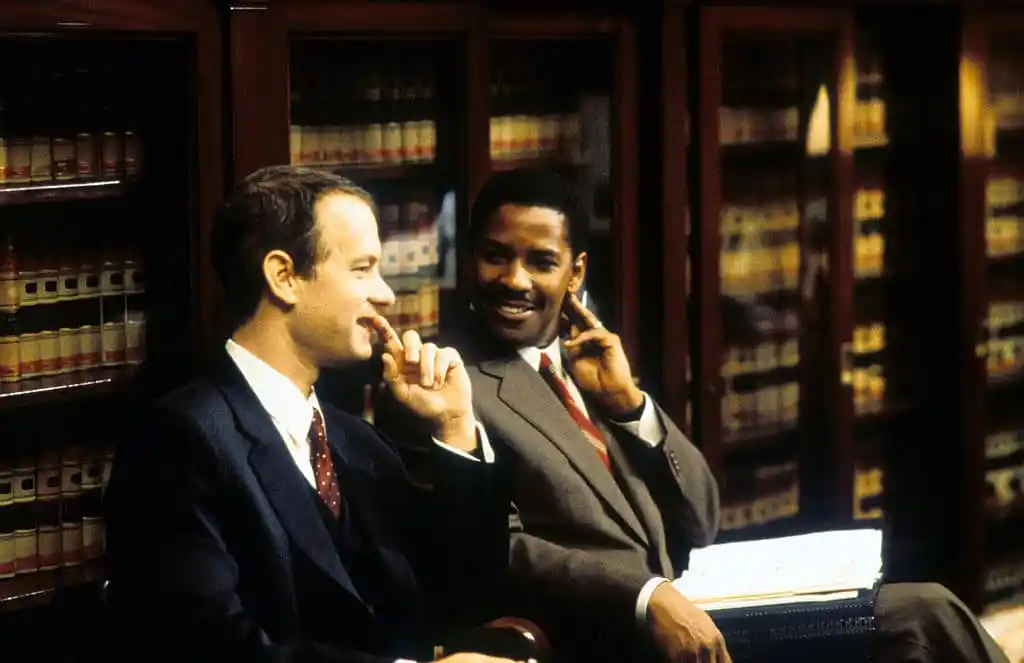 Tom Hanks and Denzel Washington in a scene from the film 'Philadelphia', 1994.