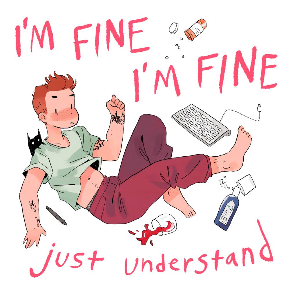 The lead image from Noelle Stevenson's Substack comic page titled "I'm Fine I'm Fine Just Understand" showing a cartoon Stevenson surrounded by a keyboard, a smilled cup, pills and a bottle