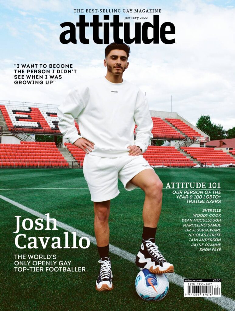 Australian footballer Josh Cavallo wears sweatshirt and shorts, both by Yniform, socks by Prada, shoes by Converse