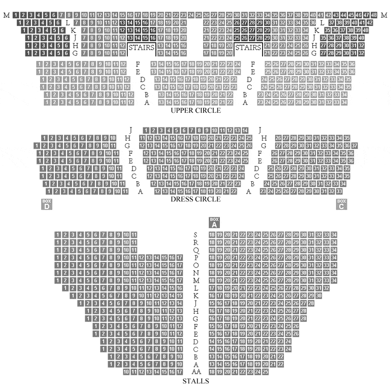 The Cambridge Theater seating chart, home to Matilda the Musical. 