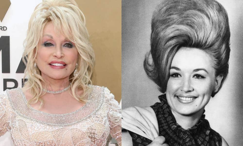 Side by side images of Dolly Parton from the 2019 CMA Awards and then a picture of the iconic singer from 1965