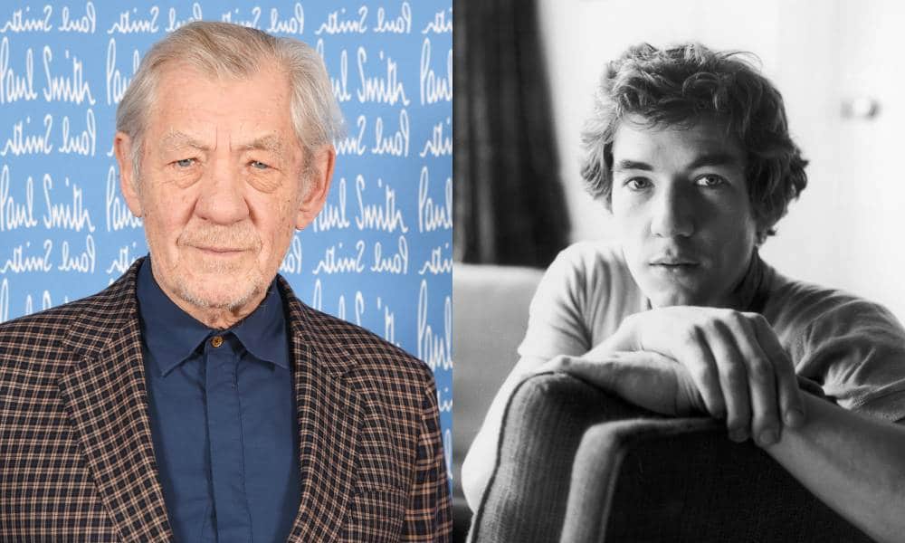 Side by side images of Ian McKellen with one image showing the actor sttending Paris Fashion Week in 2020 while the other shows McKellen in his flat in 1969
