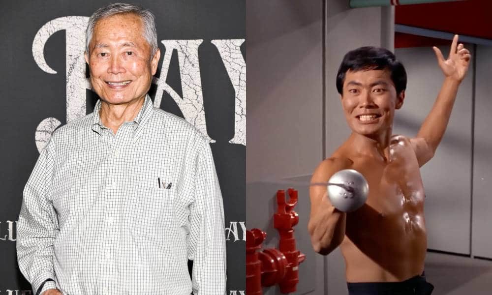 Side by side images of George Takei from a recent press event and from the "Naked Time" episode of Star Trek
