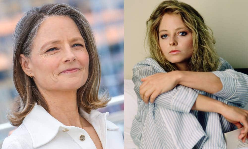 Side by side images of Jodie Foster with one image showing the actor at the Cannes Film Festival while the other is a picture of Foster from 1987 to promote her movie "The Accused"