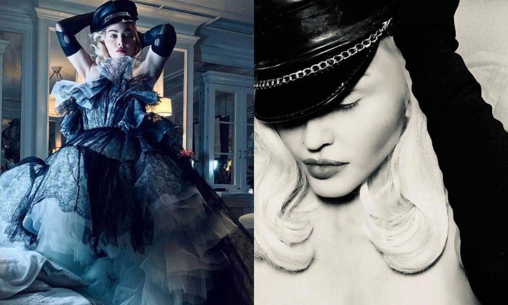 side by side images of Madonna, one of the pop star in a gorgeous tulle dress and another of her posed topless