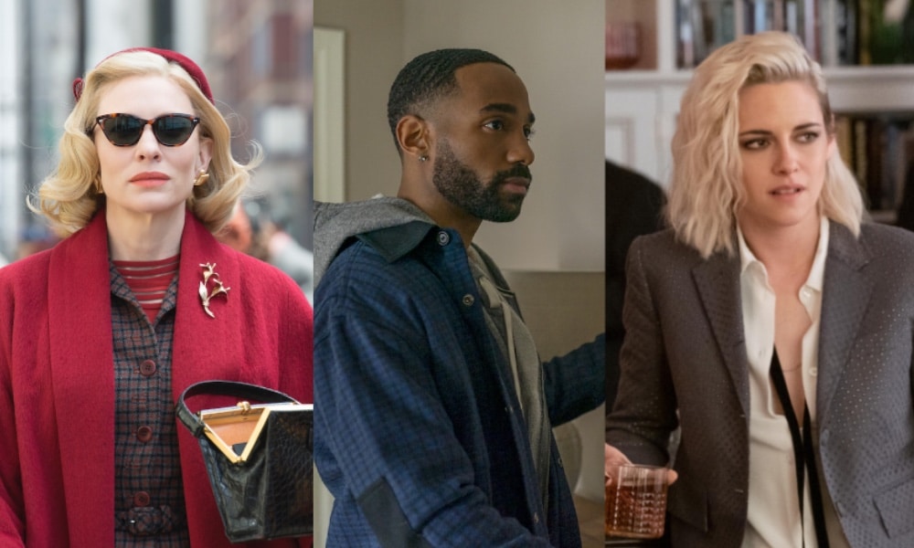 Cate Blanchett in Carol, Philemon Chambers in Single All The Way and Kristen Stewart in Happiest Season