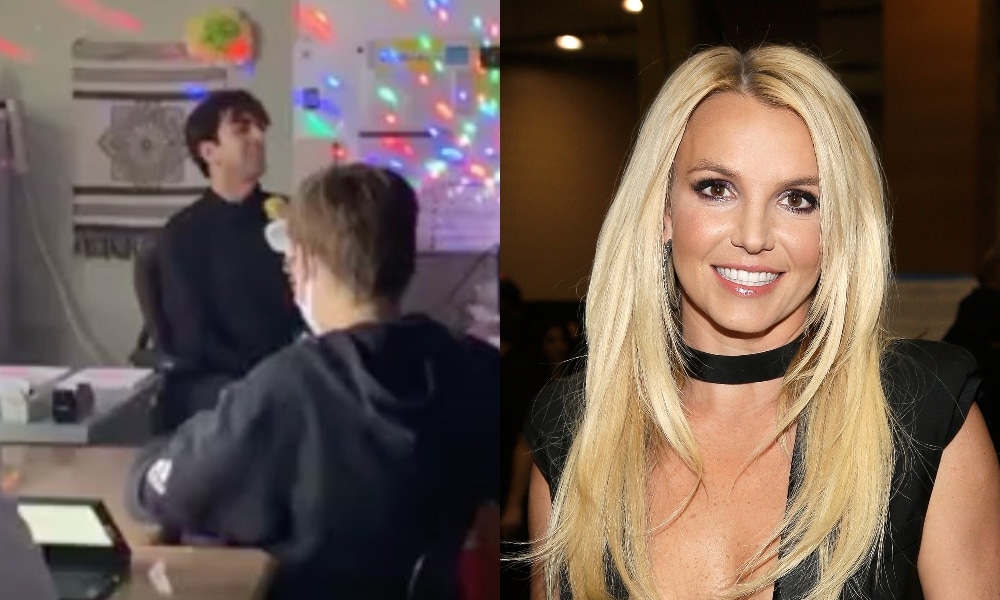 A side-by-side of a man sitting behind a desk singing and a headshot of Britney Spears