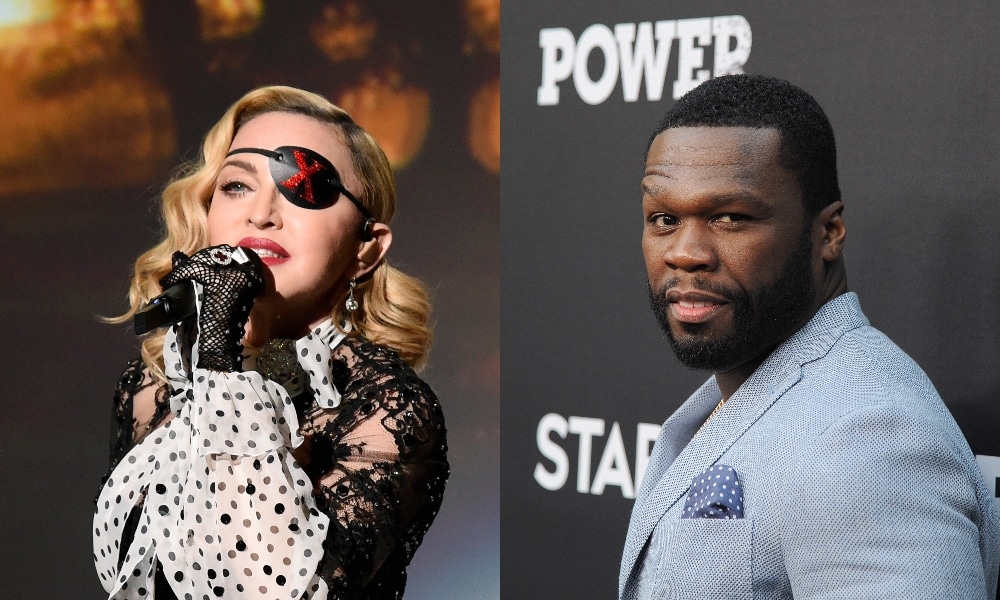 Headshots of Madonna and 50 Cent