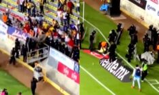 Side-by-side screen captures of football fans storming a stadium pitch