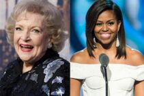 Betty White at an event and Michelle Obama giving a speech