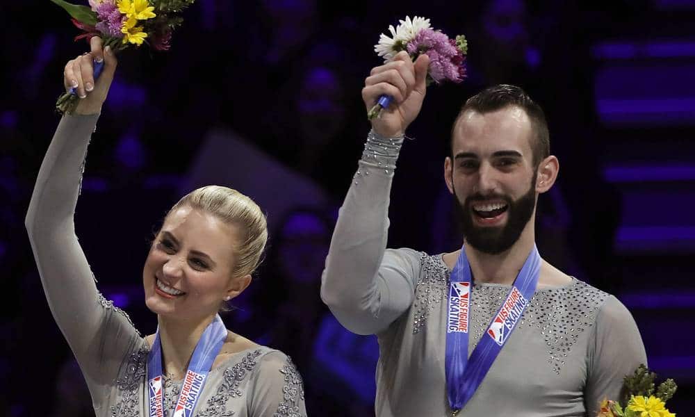 Ashley Cain-Gribble and Timothy LeDuc celebrate after winning at the 2019 US Figure Skating Championships