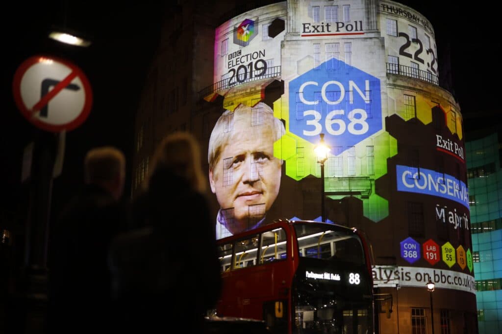 An exit poll projected on the outside of the BBC building in London during the 2019 general election