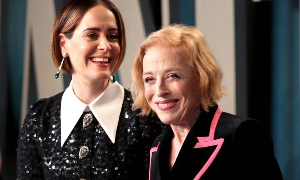Sarah Paulson and Holland Taylor are seen smiling at the camera while attending the 2020 Vanity Fair Oscar party