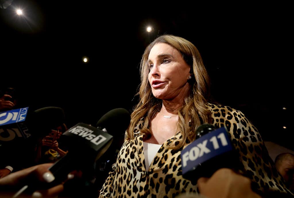 Caitlyn Jenner meets with members of the press to concede defeat during a recall election in California