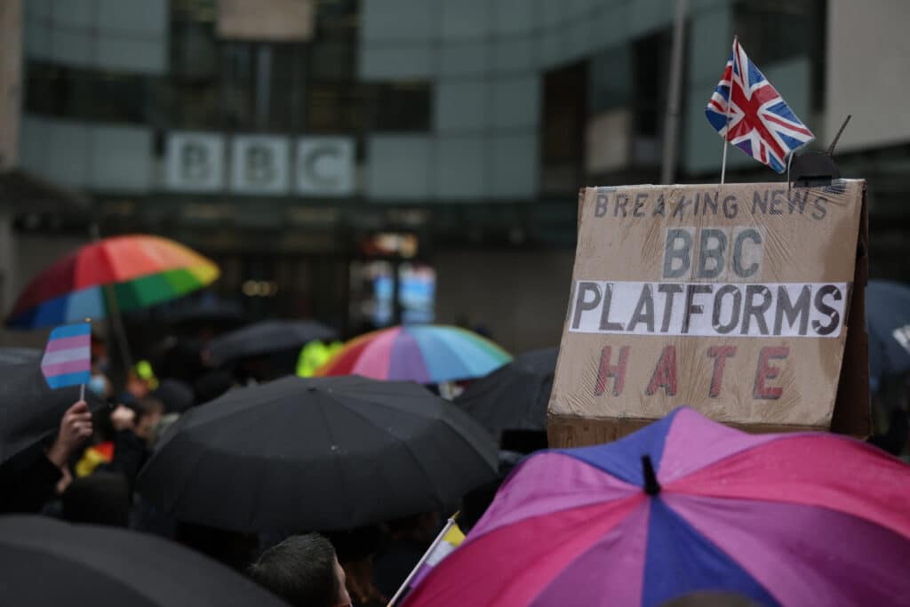 Demonstrators attend the Trans Activism UK's 'British Bigotry Corporation: Platforming Hate Is Not Impartial' protest at BBC Broadcasting House