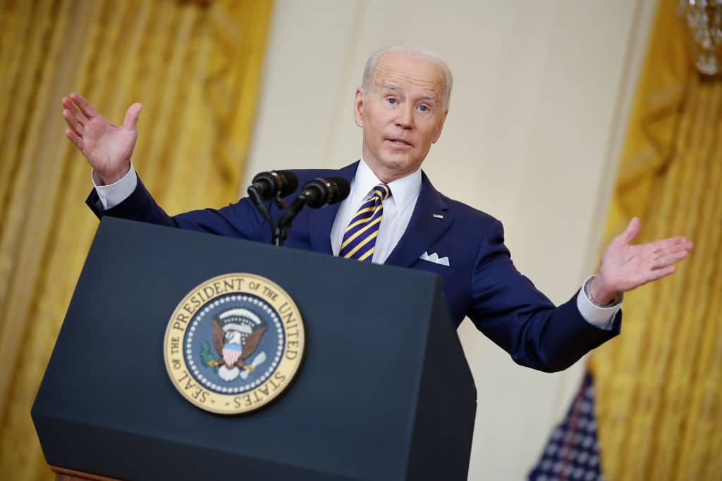 Joe Biden answers questions during a news conference in the East Room of the White House on January 19, 2022 in Washington, DC. 