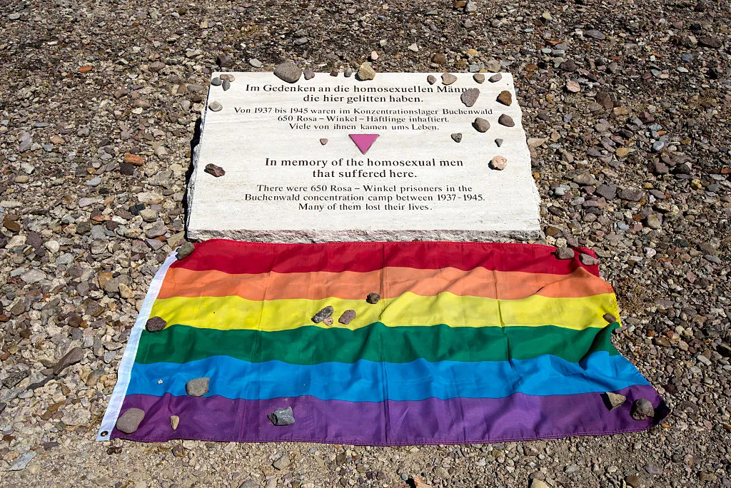 Homosexuals' memorial plaque is placed where once stood one of the demolished barracks in Buchenwald concentration camp.