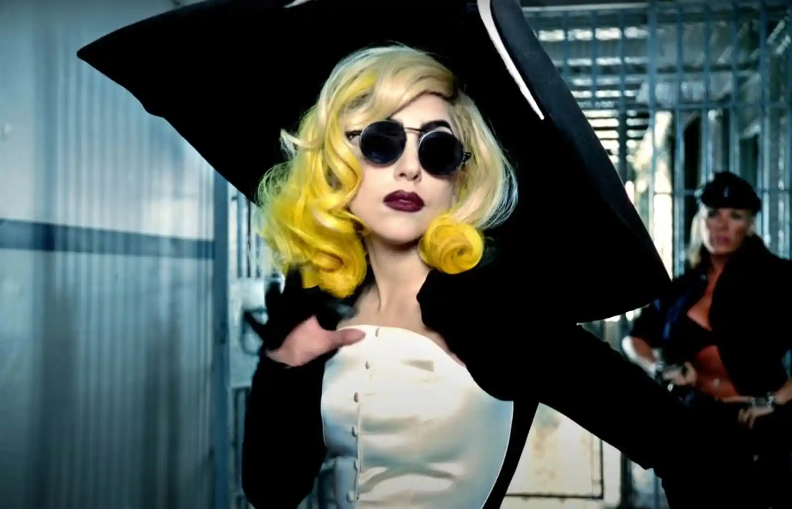 Lady Gaga wearing Mugler in the music video for Telephone.