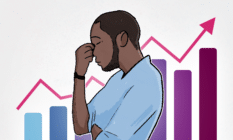 An illustration of a man with his head in his hands. Behind him is a bar chart showing inflation rising fast