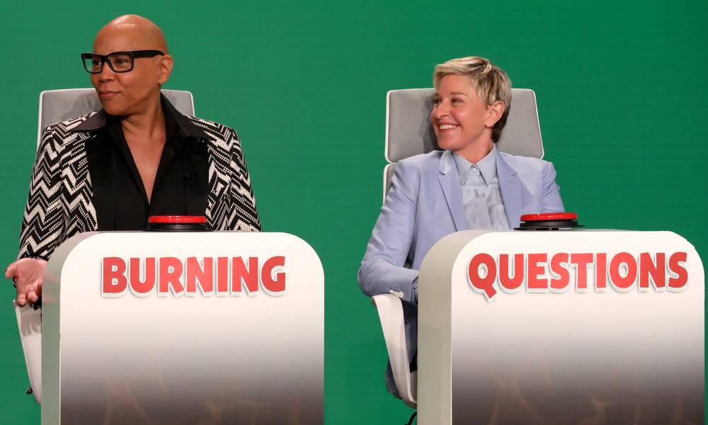 RuPaul and Ellen DeGeneres appear on the set of the Ellen DeGeneres show during her "Burning Questions" segment in front of a green screen