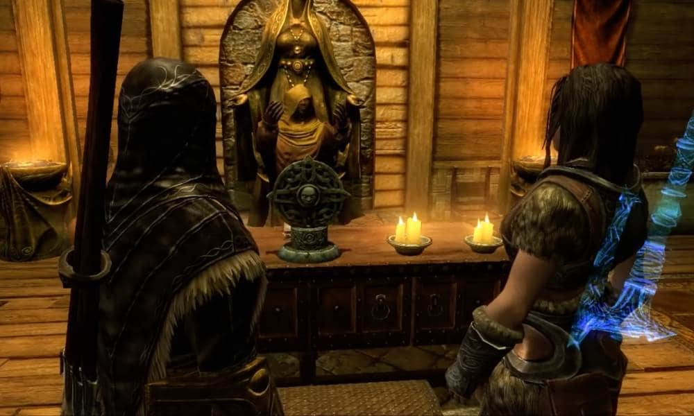 A screenshot from a playthrough of Skyrim where a player's female character is marrying Lydia