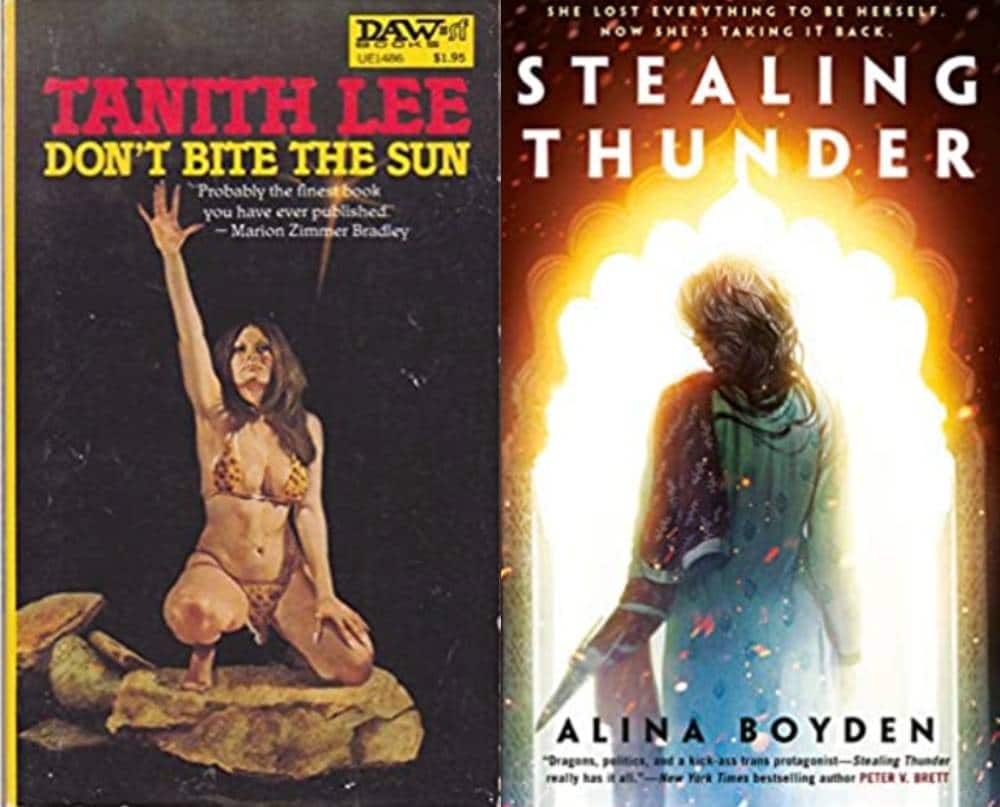 Side by side images of the cover pages for Don't Bite the Sun by Tanith Lee and Stealing Thunder by Alina Boyden