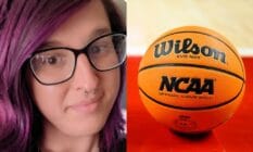 Side by side images of Dorian Rhea Debussy and a basketball with a NCAA logo on it
