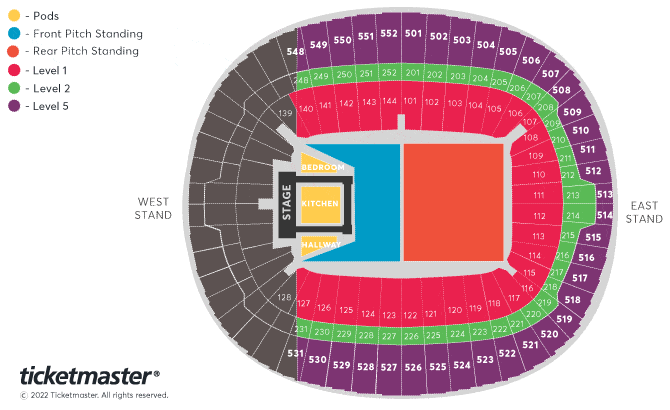 The Harry Styles Wembley Stadium map for his Love On Tour show. (Ticketmaster)
