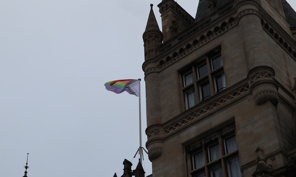 Cambridge university's Gonville and Caius college flying the Progress Pride flag on 1 February, 2021