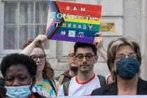 Campaigners against LGBT+ conversion therapy attend a picket outside the Cabinet Office and Government Equalities Office on 23rd June 2021 in London, United Kingdom