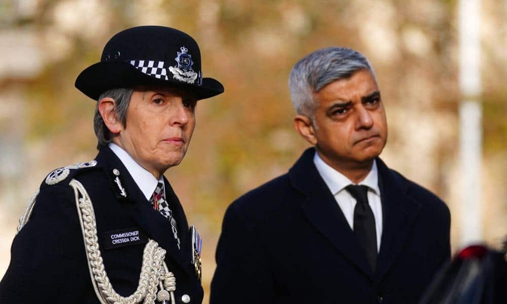 Metropolitan Police commissioner Cressida Dick and Mayor of London Sadiq Khan attend a media gathering