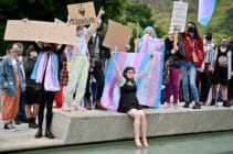 Trans activists hold a demonstration in support of self-identification of sex in the Scottish census.