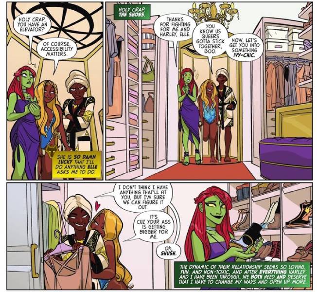 A screenshot from DC Comics Harley Quinn: The Eat. Bang! Kill. Tour featuring Poison Ivy, Vixen and her girlfriend Elle