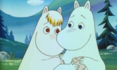 Two white Moomin characters embrace each other
