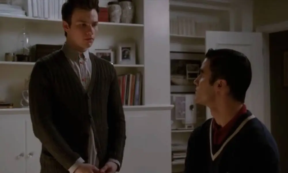 Glee characters, Kurt and Blaine, are seen fighting