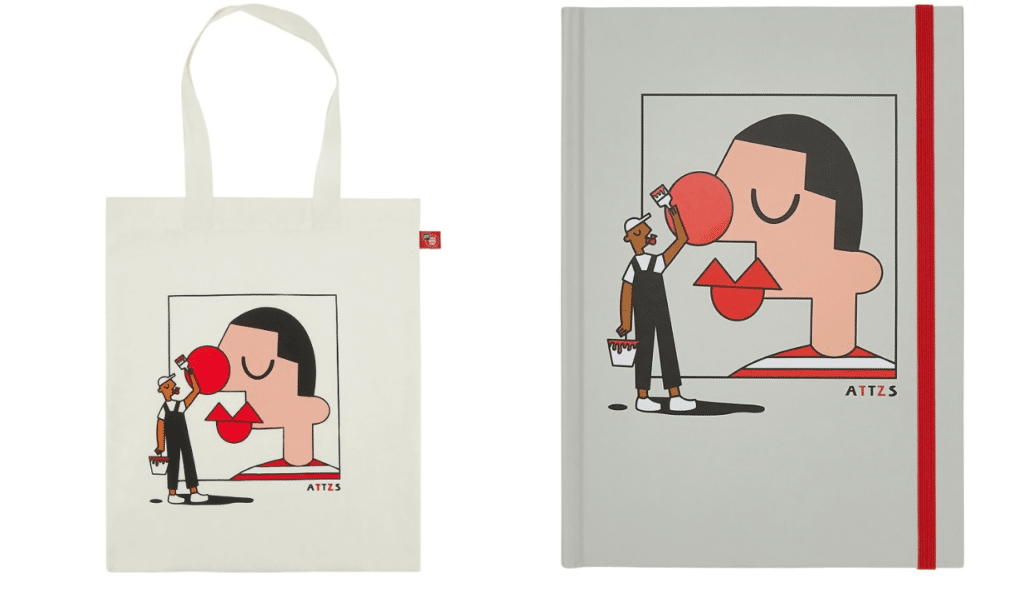 Ashton Attzs' design features on t-shirts, tote bags and notebooks for Red Nose Day 2022.